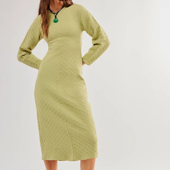 NEW Free People Dried Aloe Green Gabby Seamless Textured Midi Dress M/L - Picture 1 of 7
